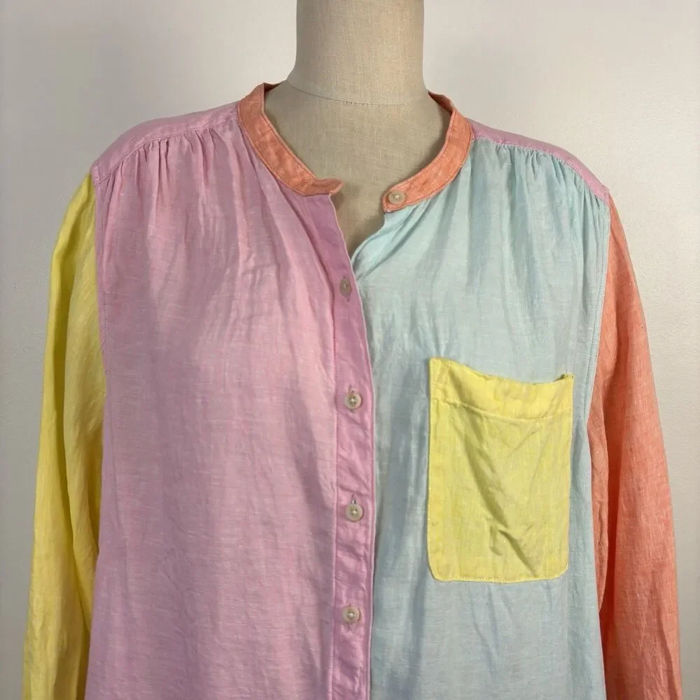 Lands' End Women's 2X Linen Pastel Multi Colorblock Long Sleeve Shirt Tunic - Picture 2 of 8